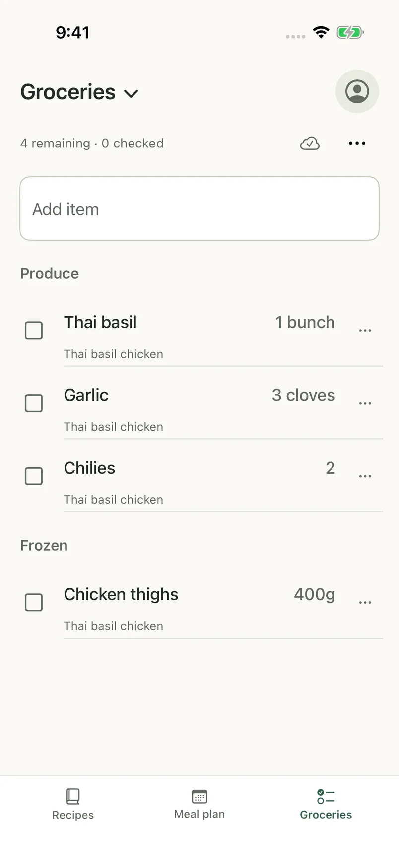 RecipeSnag grocery list with ingredients grouped for shopping.